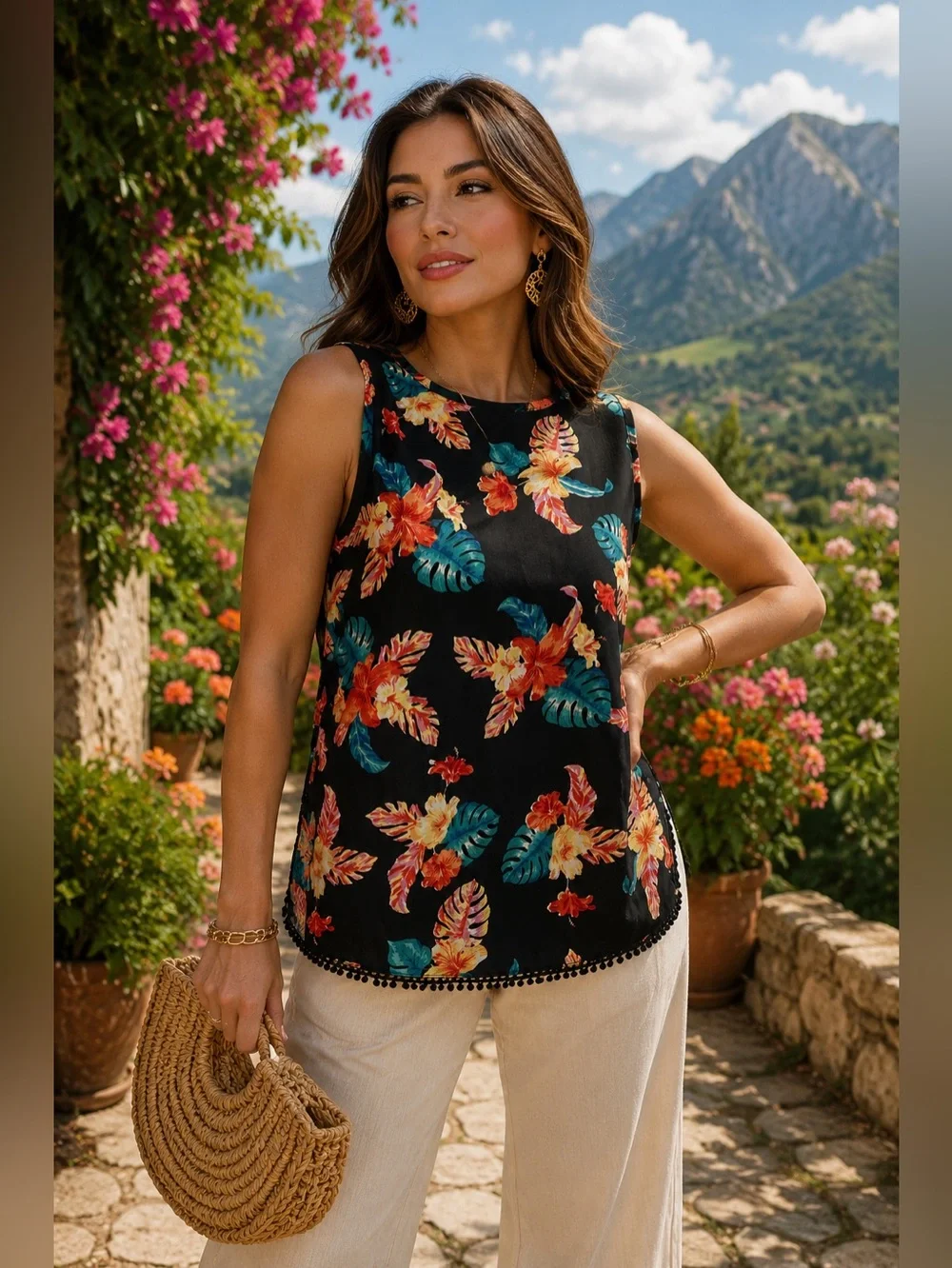 Black Tropical Blouse Mileage M Summer Fresh Sexy Floral Woman